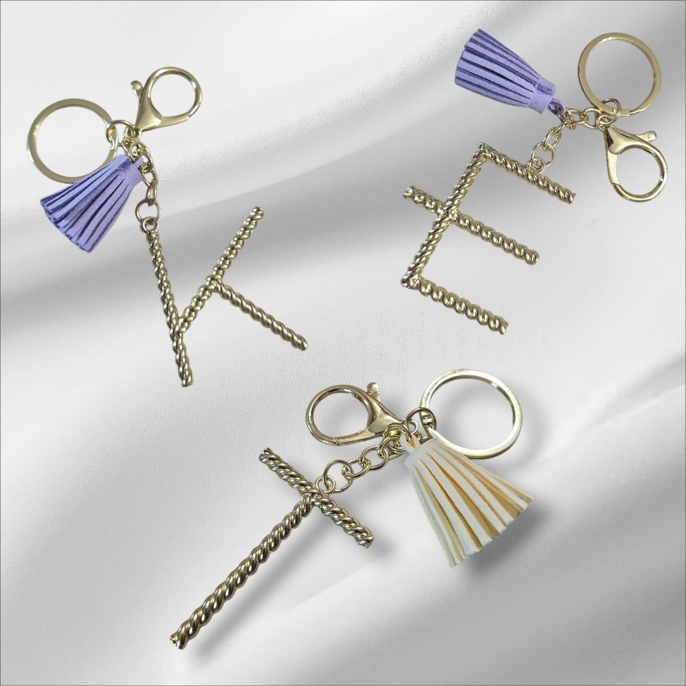 Gold Initial Keychain with Tassel Choose From E, K, OR T